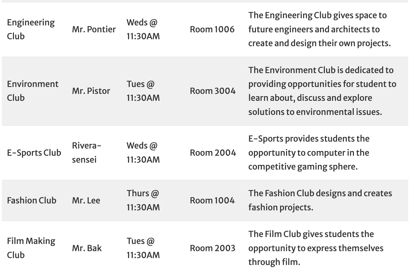 NWSS Clubs and Activities Webページ
